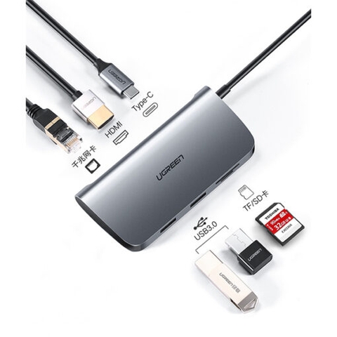 Bộ Chuyển Đổi USB Type C Sang HDMI+SD+TF+PD+2 Cổng USB 3.0+RJ45 Ugreen