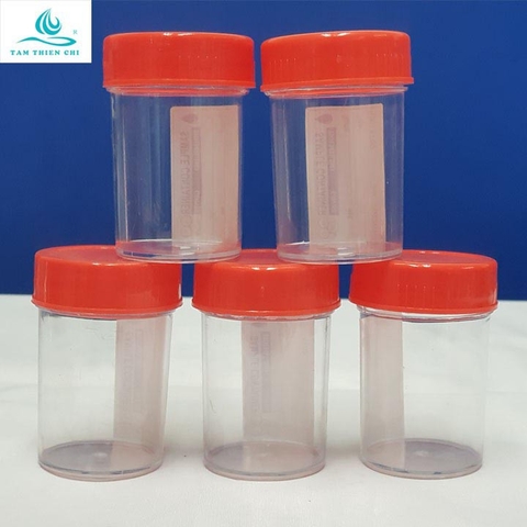 Lọ nhựa đựng mẫu PS 55 ml HTM nắp đỏ, có nhãn (chưa tiệt trùng/tiệt trùng)