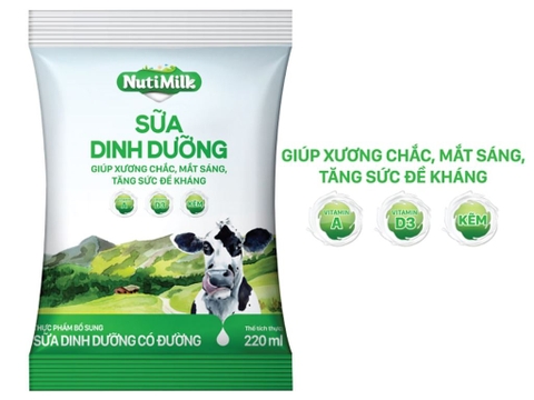 Sữa Tươi Sạch NutiMilk có Đường bịch 220ml