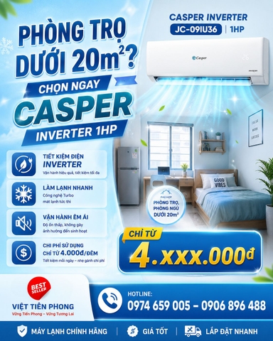 Phòng Trọ Dưới 20m² Nên Chọn Máy Lạnh Nào? Casper Inverter JC-09IU36 1HP