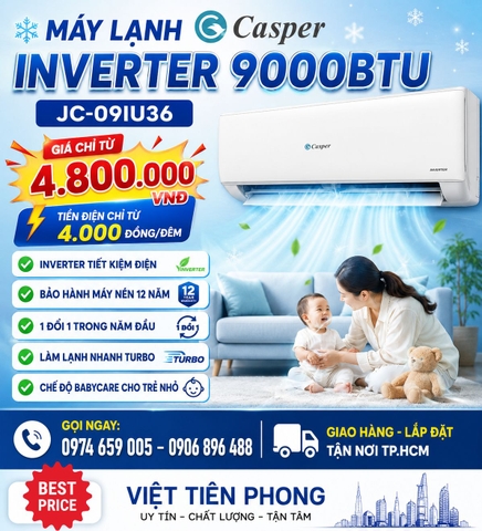 Máy Lạnh Casper Inverter 9000BTU JC-09IU36 – Tiền Điện Chỉ Từ 4.000 Đồng/Đêm