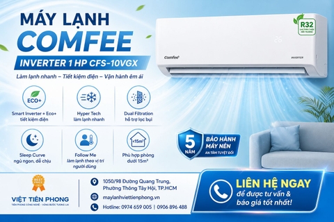 Máy lạnh Comfee Inverter 1 HP CFS-10VGX – Giải pháp làm mát tiết kiệm điện cho phòng dưới 15m²