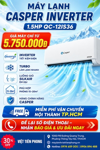 Máy lạnh Casper Inverter 1.5HP QC-12IS36 giá chỉ từ 5.750.000đ | Chính hãng tại Việt Tiên Phong