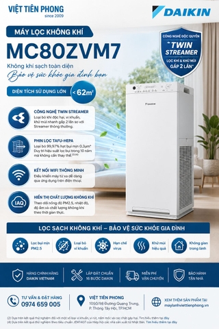 Máy lọc không khí Daikin MC80ZVM7 – Lọc sạch bụi mịn PM2.5, khử mùi, diệt khuẩn cho không gian đến 62m²