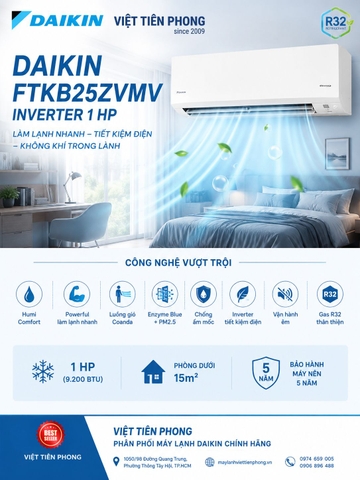 Máy lạnh Daikin FTKB25ZVMV Inverter 1 HP – Giải pháp làm mát tiết kiệm điện cho phòng dưới 15m²