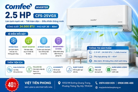 Máy lạnh Comfee Inverter 2.5 HP CFS-25VGX – Làm lạnh nhanh, tiết kiệm điện, tiện nghi thông minh