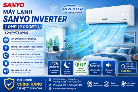 Máy Lạnh Sanyo Inverter 1.0HP (9.000BTU) SO/SI-9TSJIVNB – Tiết Kiệm Điện, Làm Lạnh Nhanh Cho Phòng Dưới 15m²