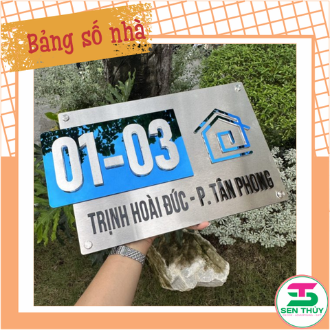 Bảng số nhà - Inox 304 xước trắng + gương xanh, số nổi cao cấp