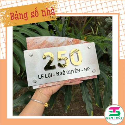 Bảng số nhà - Nền họa tiết + Inox Xước bạc, Nội dung nổi Inox vàng gương Cao cấp