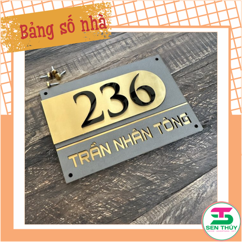 Bảng số nhà - Nền Inox 304 vàng xước + Mica ghi sần - Nội dung mica đen cao cấp