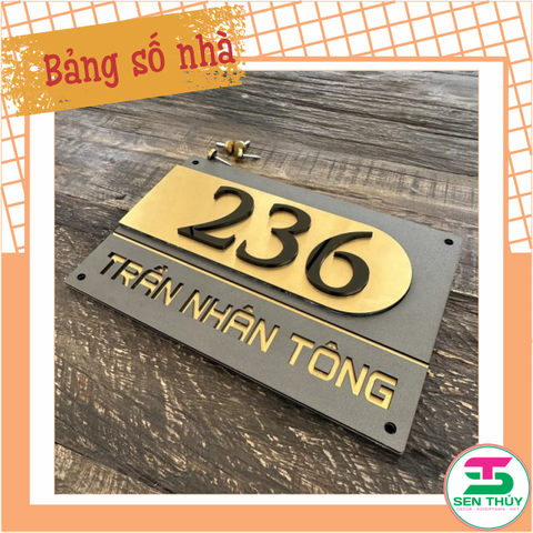 Bảng số nhà - Nền Inox 304 vàng xước + Mica ghi sần - Nội dung mica đen cao cấp