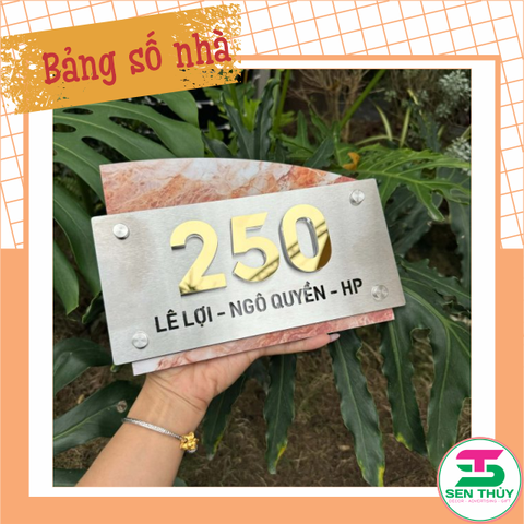 Bảng số nhà - Nền họa tiết + Inox Xước bạc, Nội dung nổi Inox vàng gương Cao cấp