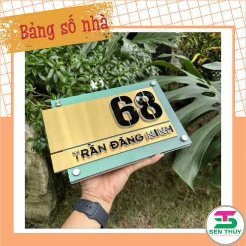Bảng số nhà - Nền Inox 304 Vàng xước + Mica in UV xanh lá - Số nổi Mica Cao cấp