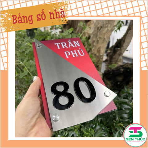 Bảng số nhà - Nền Inox 304 Bạc xước + Mica in UV đỏ đô, Số nổi mica Cao cấp.