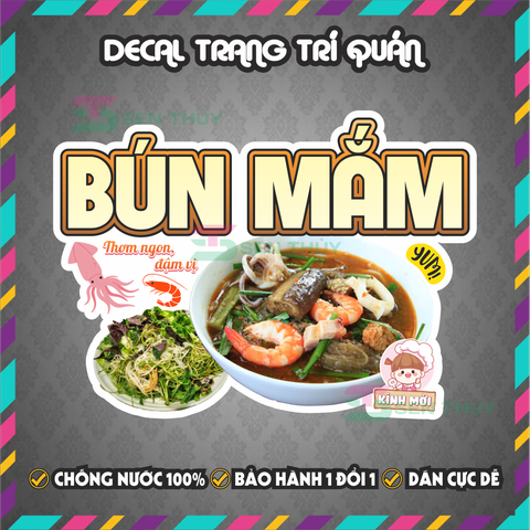 Decal BÚN MẮM - Decal Dán Tường Trang Trí Quán Ăn, Trà Sữa, Cà Phê - Chống Thấm Nước, Chống Nắng, Cắt Sẵn
