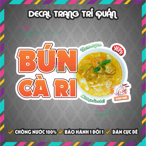 Decal BÚN CÀ RI - Decal Dán Tường Trang Trí Quán Ăn, Trà Sữa, Cà Phê - Chống Thấm Nước, Chống Nắng, Cắt Sẵn