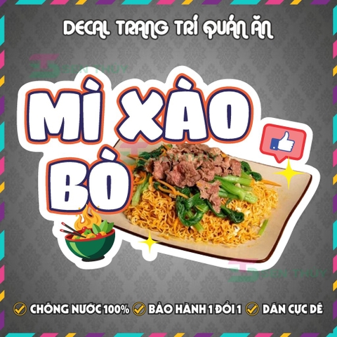 Decal MÌ XÀO BÒ - Decal Dán Tường Trang Trí Quán Ăn, Trà Sữa, Cà Phê - Chống Thấm Nước, Chống Nắng, Cắt Sẵn