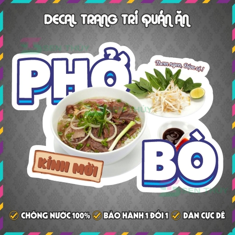 Decal PHỞ BÒ - Decal Dán Tường Trang Trí Quán Ăn, Trà Sữa, Cà Phê - Chống Thấm Nước, Chống Nắng, Cắt Sẵn