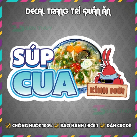 Decal SÚP CUA - Decal Dán Tường Trang Trí Quán Ăn, Trà Sữa, Cà Phê - Chống Thấm Nước, Chống Nắng, Cắt Sẵn