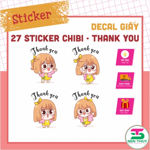 Bộ 27 Sticker Cảm Ơn Chibi Cute – Sticker Thanks Dễ Thương – Tem Dán Trang Trí