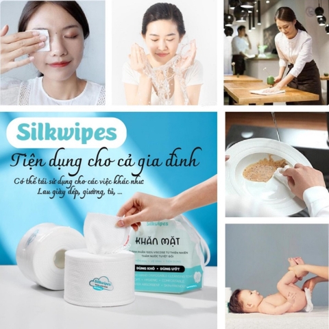 Combo 5 gói Khăn mặt khô Silkwipes 80 khăn/gói dùng 1 lần lau khô, lau ướt, Giấy lau mặt dùng một lần Silkwipes