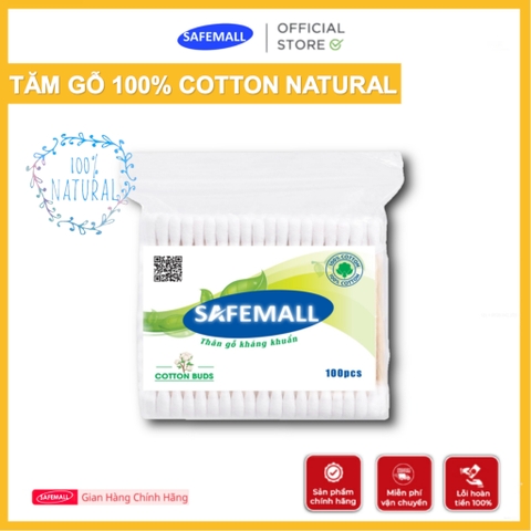[Bán chạy] Gói 100 Que Tăm Bông Ngoáy Tai Thân Gỗ SAFEMALL 100% Natural - Bông Gòn Mềm Mại Thân Thiện Môi Trường