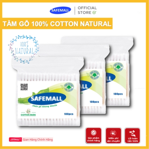 [Bán chạy] Gói 100 Que Tăm Bông Ngoáy Tai Thân Gỗ SAFEMALL 100% Natural - Bông Gòn Mềm Mại Thân Thiện Môi Trường
