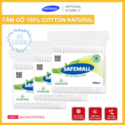 [Bán chạy] Gói 100 Que Tăm Bông Ngoáy Tai Thân Gỗ SAFEMALL 100% Natural - Bông Gòn Mềm Mại Thân Thiện Môi Trường