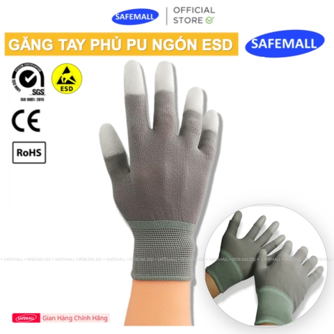 Găng Tay Phủ PU Đầu Ngón Xám Phòng Sạch Chống Tĩnh Điện ESD SAFEMALL