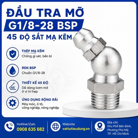 ĐẦU TRA MỠ G1/8-28 BSP 45 ĐỘ SẮT MẠ KẼM
