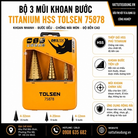 BỘ 3 MŨI KHOAN BƯỚC TITANIUM HSS TOLSEN 75878