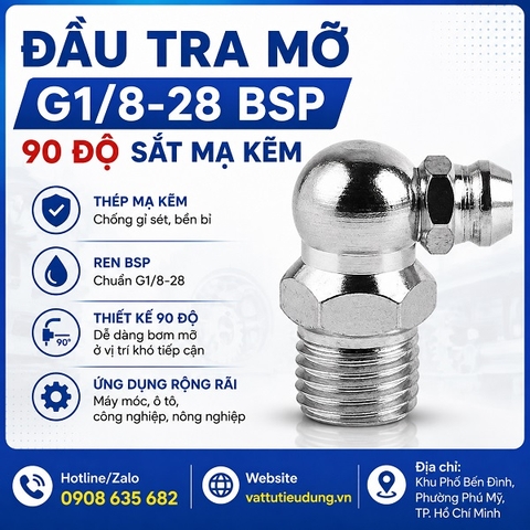 ĐẦU TRA MỠ G1/8-28 BSP 90 ĐỘ SẮT MẠ KẼM
