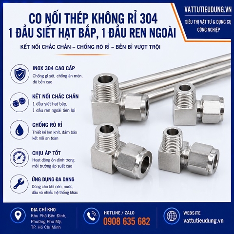 CO NỐI THÉP KHÔNG RỈ 304 – 1 ĐẦU SIẾT HẠT BẮP, 1 ĐẦU REN NGOÀI