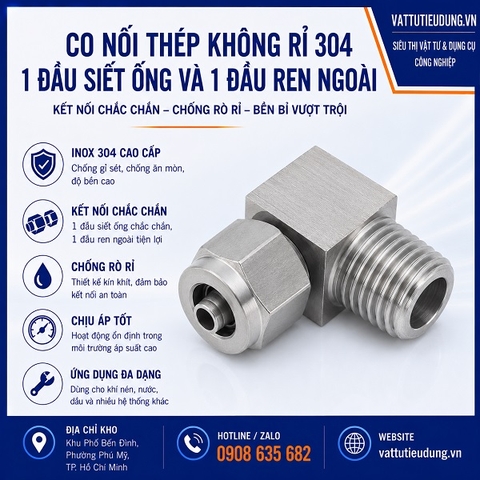 CO NỐI THÉP KHÔNG RỈ 304 – 1 ĐẦU SIẾT ỐNG VÀ 1 ĐẦU REN NGOÀI