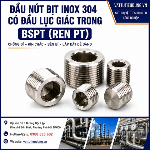 Đầu Nút Bịt Inox 304 Có Đầu Lục Giác Trong BSPT (Ren PT)