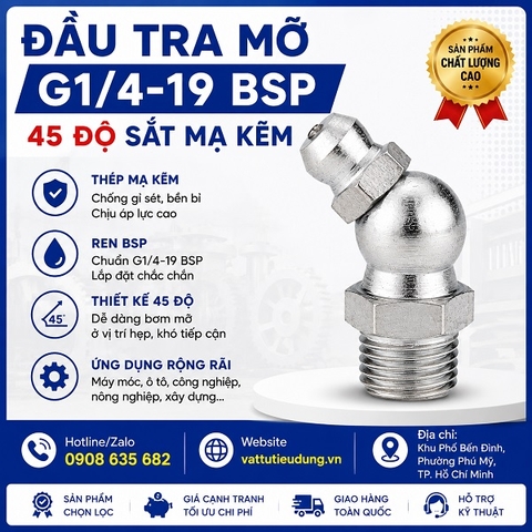 ĐẦU TRA MỠ G1/4-19 BSP 45 ĐỘ SẮT MẠ KẼM