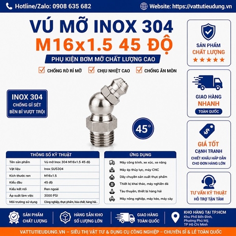Vú Mỡ Inox 304 M16x1.5 45 Độ