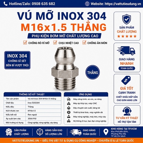 Vú Mỡ Inox 304 M16x1.5 Thẳng