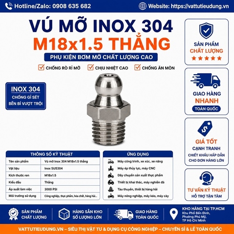 Vú Mỡ Inox 304 M18x1.5 Thẳng