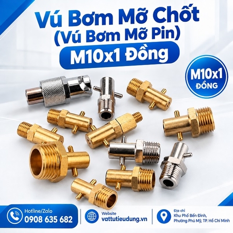 Vú Bơm Mỡ Chốt (Vú Bơm Mỡ Pin) M10x1 Đồng