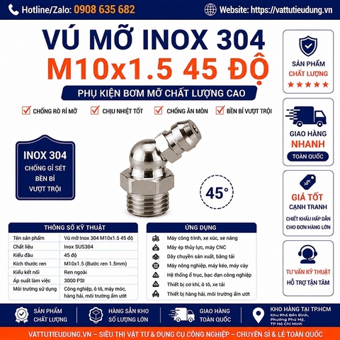 Vú Mỡ Inox 304 M10x1.5 45 Độ