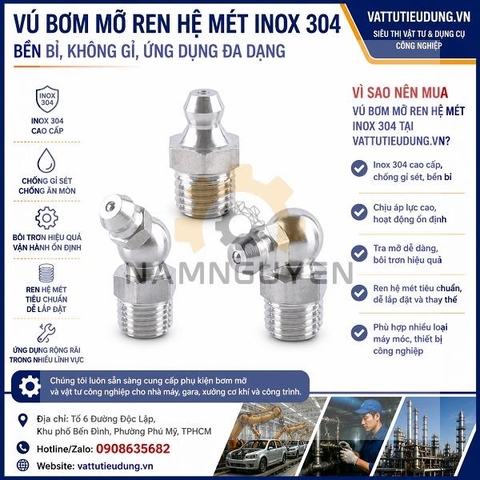 ĐẦU TRA MỠ, VÚ BƠM MỠ INOX REN HỆ MÉT