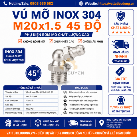 Vú Mỡ Inox 304 M20x1.5 45 Độ