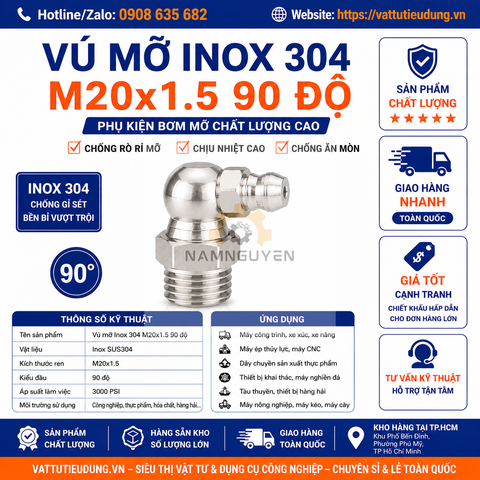 Vú Mỡ Inox 304 M20x1.5 90 Độ