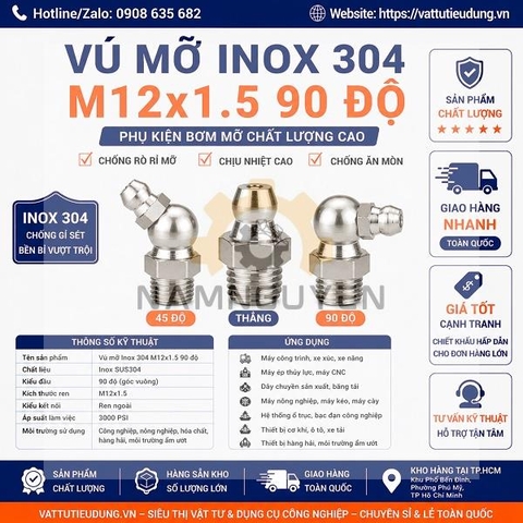 Vú Mỡ Inox 304 M12x1.5 90 Độ