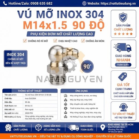 Vú Mỡ Inox 304 M14x1.5 90 Độ