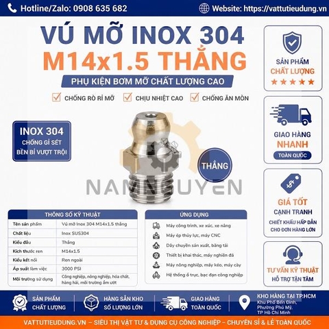 Vú Mỡ Inox 304 M14x1.5 Thẳng