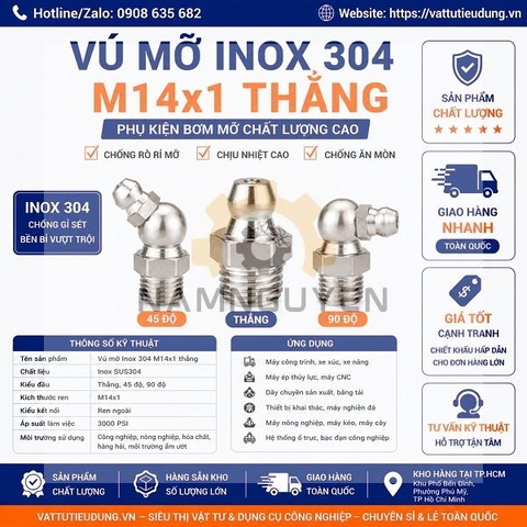 Vú Mỡ Inox 304 M14x1 Thẳng