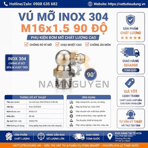 Vú Mỡ Inox 304 M16x1.5 90 Độ