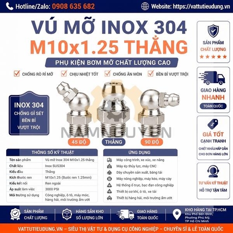 Vú Mỡ Inox 304 M10x1.25 Thẳng